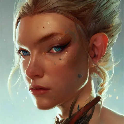 Prompt: A head-on detailed oil fantasy portrait of a pretty elf woman with subtle copper horns on her forehead, long blonde hair and bright copper irises, by greg rutkowski, trending on artstation, dungeon and dragons art