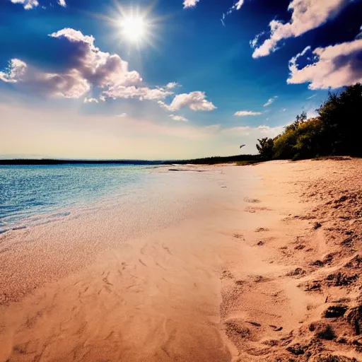 Prompt: photo of a sandy beach along a small clear river, blue sky with some clouds, beautiful lighting, wide lens shot, 30mm, bright colors, award winning photography, national geographic