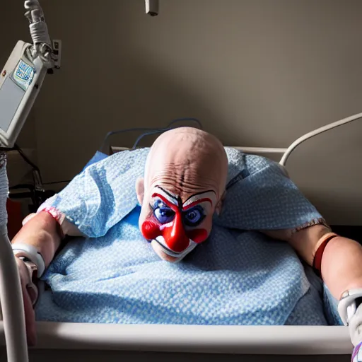 Image similar to delirious elderly clown supine in hospital bed, strapped into bed with restraints, trying to get out but unsuccessful, photograph, 8 k