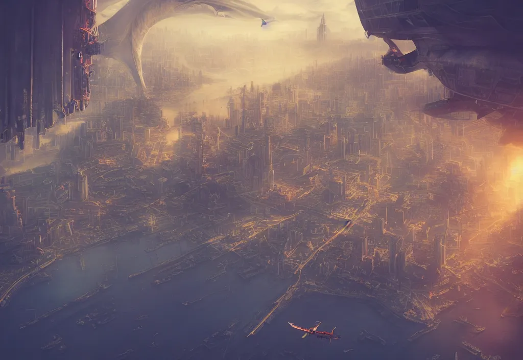 Prompt: flying dragon city by alena aenami, zeppelin dock, city flying in the air, mist below buildings, steampunk, looking from below, digital art, 4 k, trending on artstation, epic composition, highly detailed, golden hour