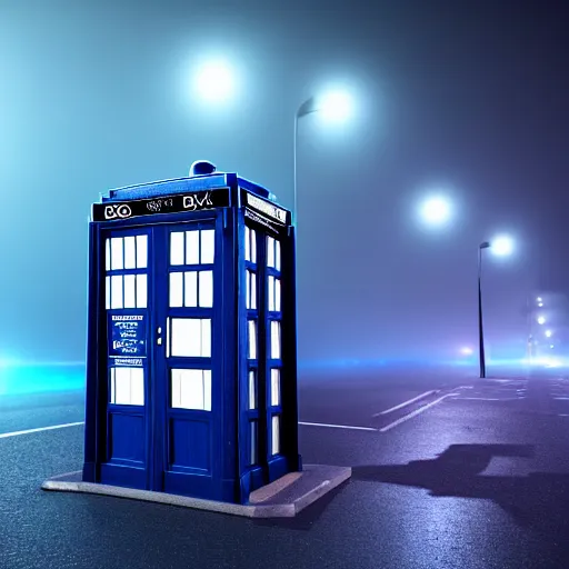 Image similar to a hyperdetailed photograph of the tardis sat on a futuristic street corner, night, dense fog, rain, hd, 8 k resolution