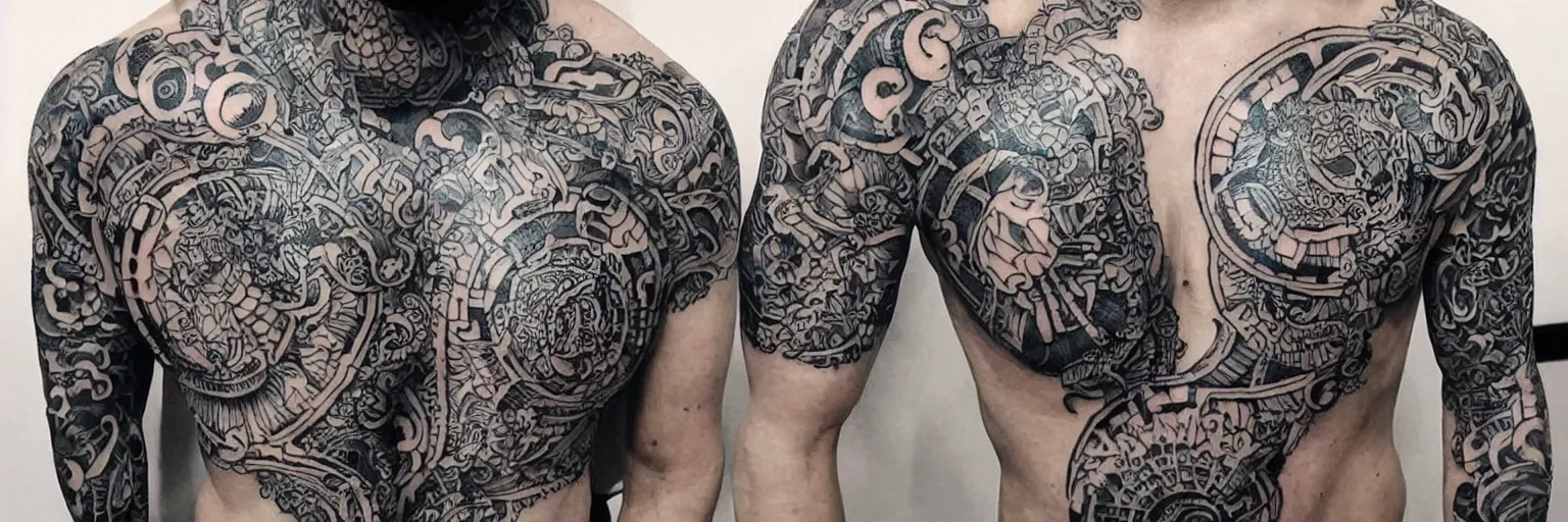 Image similar to intricate yakuza tattoos patterns , colorful draws on black background