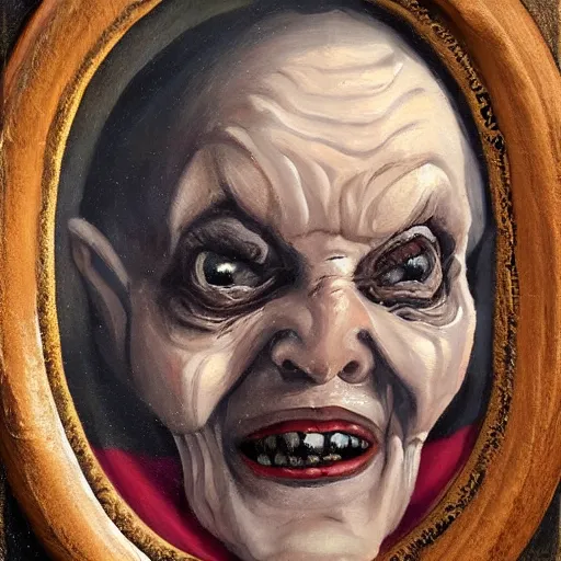 Image similar to creepy old cursed witch watching you sleep, eerie, haunted, oil painting