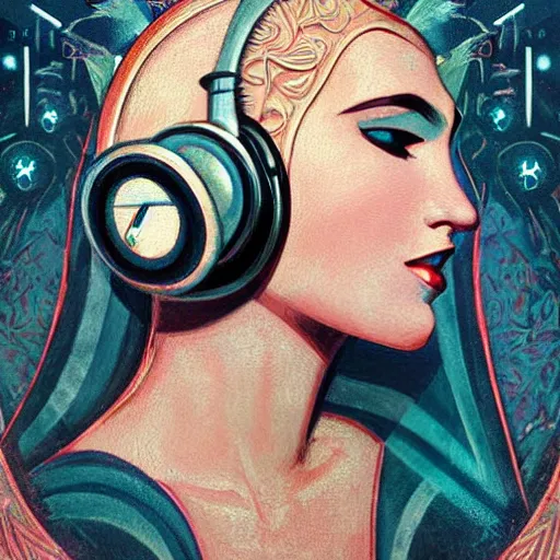 Image similar to intricate, amazing, art deco, retro vintage and romanticism, painting by bryen frost, soft color palette, highly detailed, godess with headphones from space sci - fi of ancient religion