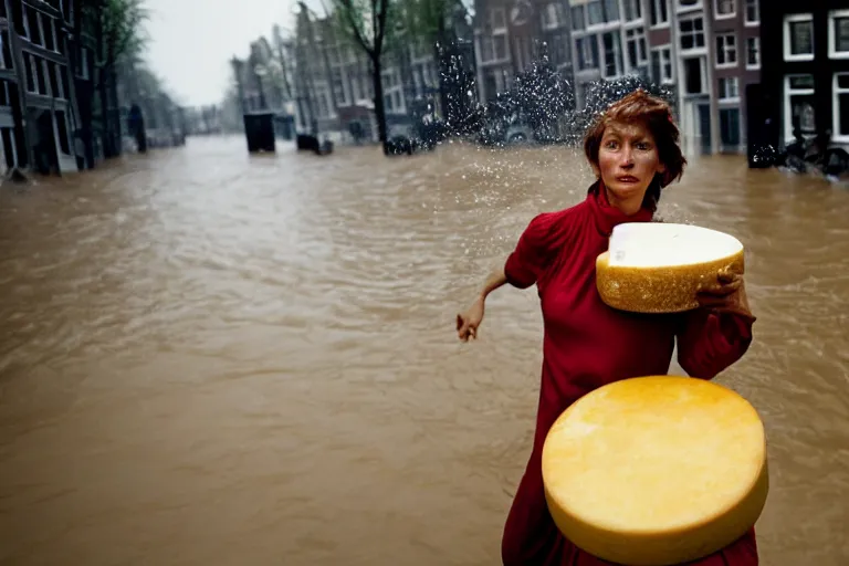 Image similar to closeup potrait of a woman carrying a wheel of cheese over her head in a flood in Amsterdam, photograph, natural light, sharp, detailed face, magazine, press, photo, Steve McCurry, David Lazar, Canon, Nikon, focus