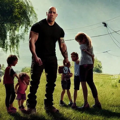 Image similar to closeup photo of vin diesel and his wife and 6 children, sunny day, village house, pastoral, happy, cinematic, art by jan urschel and neil blevins