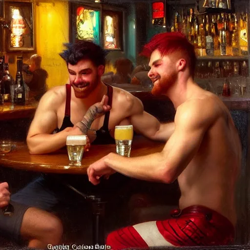 Image similar to attractive maculine male with red hair and attractive masculine male with black hair. pants and shorts, drinking their hearts out, having fun, in a pub. highly detailed and very defined painting by gaston bussiere, j. c. leyendecker, craig mullins 8 k