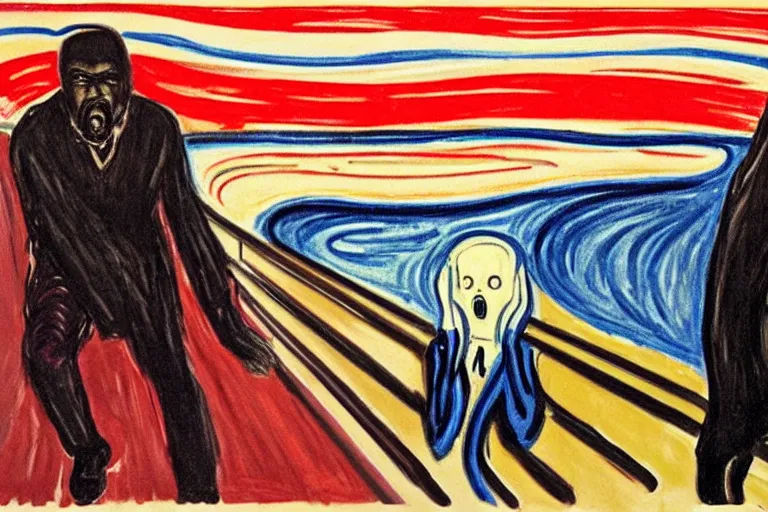 Prompt: Edvard Munch's 'kanye west in the style of the scream', painting, expressionism, music notes, music notes, (((((kanye west))))