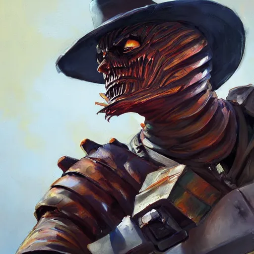 Image similar to greg manchess portrait painting of partially armored freddy krueger as overwatch character, medium shot, asymmetrical, profile picture, organic painting, sunny day, matte painting, bold shapes, hard edges, street art, trending on artstation, by huang guangjian and gil elvgren and sachin teng