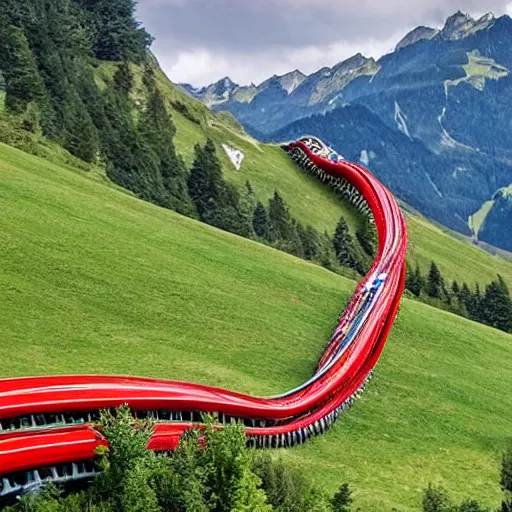 Prompt: a rollercoaster with twists and turns in a beautiful swiss landscape