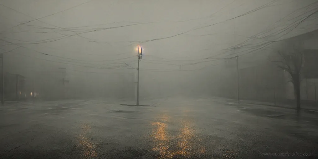 Image similar to silent hill in real life, desolate street, sombre, parked cars, overcast, blankets of fog pockets, rain, volumetric lighting, beautiful, night time, autumn, sharp focus, ultra detailed, cgsociety