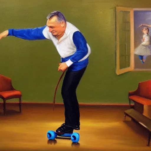 Image similar to viktor orban putting on rollerskates, oil painting