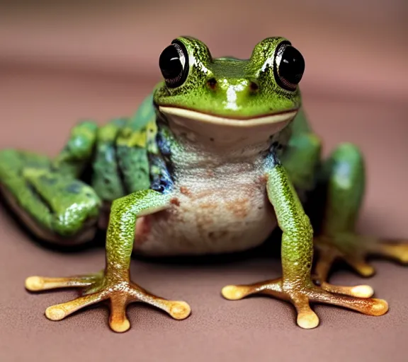 Image similar to photo of a cute frog, sitting on top of his cute mushroom friend, various poses, soft light, faded colors, well framed, sharp focus, 8 k