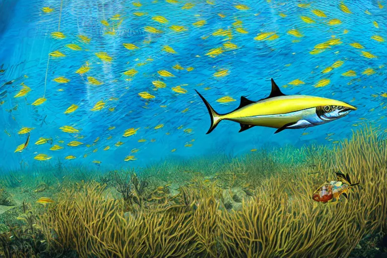 Prompt: An underwater painting of a yellow-fin tuna chasing bait fish near a mat of weeds, inspired by Guy Harvey, Sport Fishermen, digital art, insanely detailed, hyper detailed photorealistic, ambient lighting, award winning, stunning