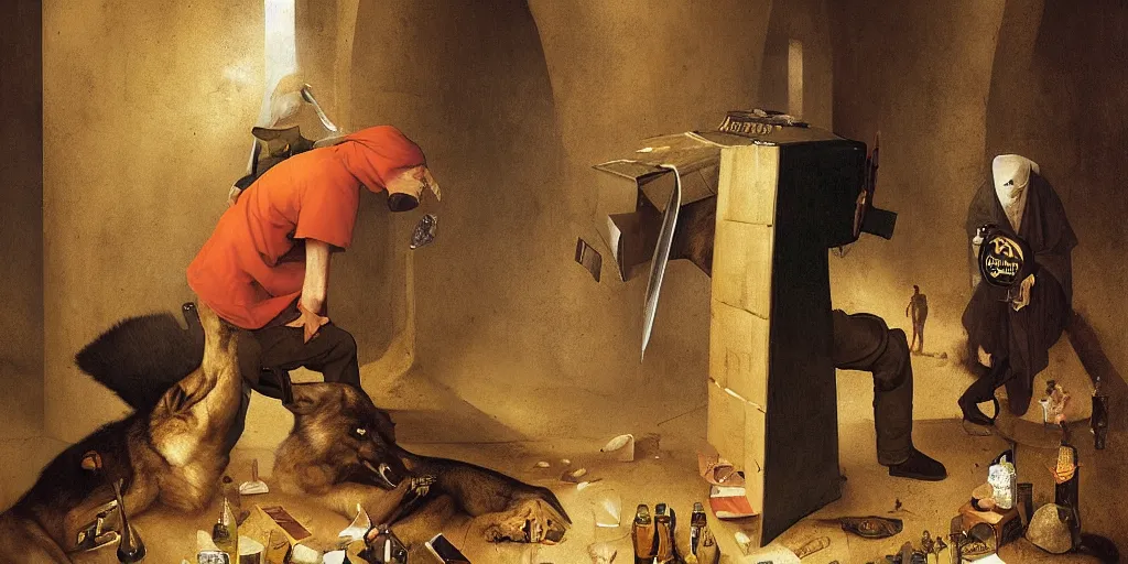 Image similar to young man in orange t - shirt hides his face behind box of guinness beer, two wolves on either of his sides by hieronymus bosch, greg rutkowski, anna podedworna