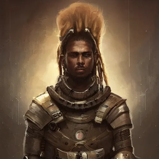 Prompt: Portrait of a man by Greg Rutkowski, a young, strong and hard-eyed futuristic warrior with brown hair with dreadlocks, wearing a futuristic space tactical gear that looks like a mix between the samurai, viking and templar aesthetics, mix between tribal and hi-tech, highly detailed portrait, scifi, space opera, digital painting, artstation, concept art, smooth, sharp foccus ilustration, Artstation HQ