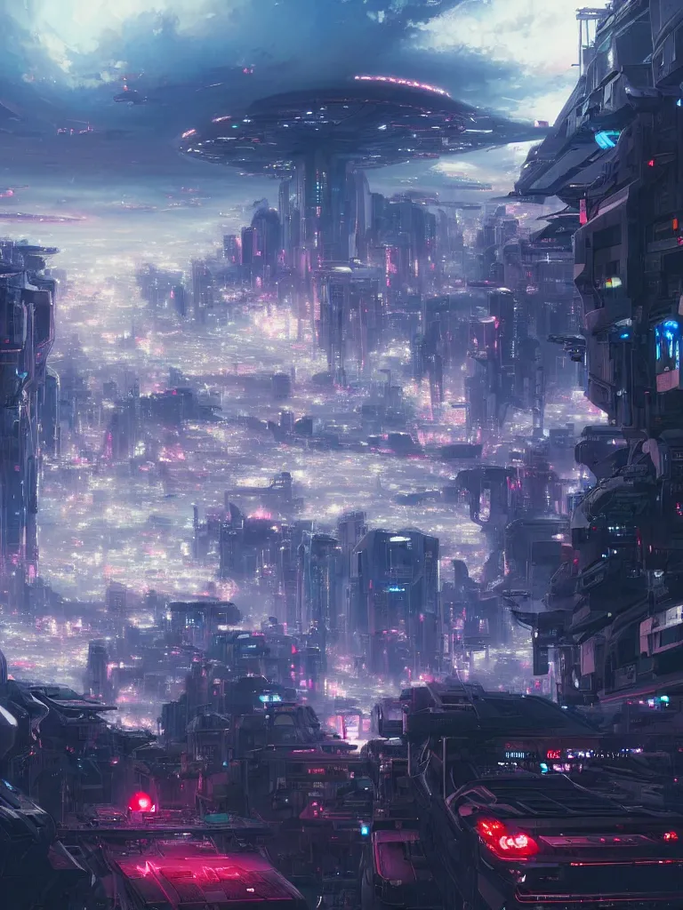 Image similar to Beautiful Epic scene of a beautiful gigantic futuristic military spacecraft carrier above a futuristic Tokyo style military city, by Greg Rutkowski and Krenz Cushart and Pan_Ren_Wei and Hongkun_st and Bo Chen and Enze Fu and WLOP and Alex Chow, Madhouse Inc., anime style, crepuscular rays, set in rainy futuristic cyberpunk Tokyo street, dapped light, dark fantasy, cgsociety, trending on artstation