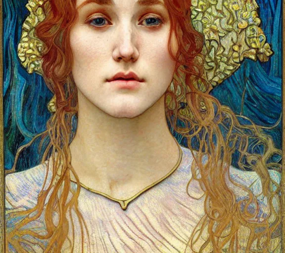 Image similar to detailed realistic beautiful young medieval queen face portrait by jean delville, alphonse mucha, vincent van gogh, and marco mazzoni, art nouveau, symbolist, visionary, gothic, pre - raphaelite