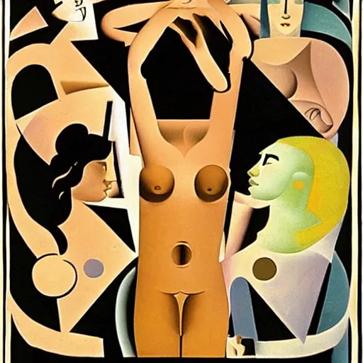 Image similar to graphic design exciting by juan gris. the body art shows venus seated on a crescent moon. she is surrounded by the goddesses ceres & bacchus, who are both holding cornucopias.