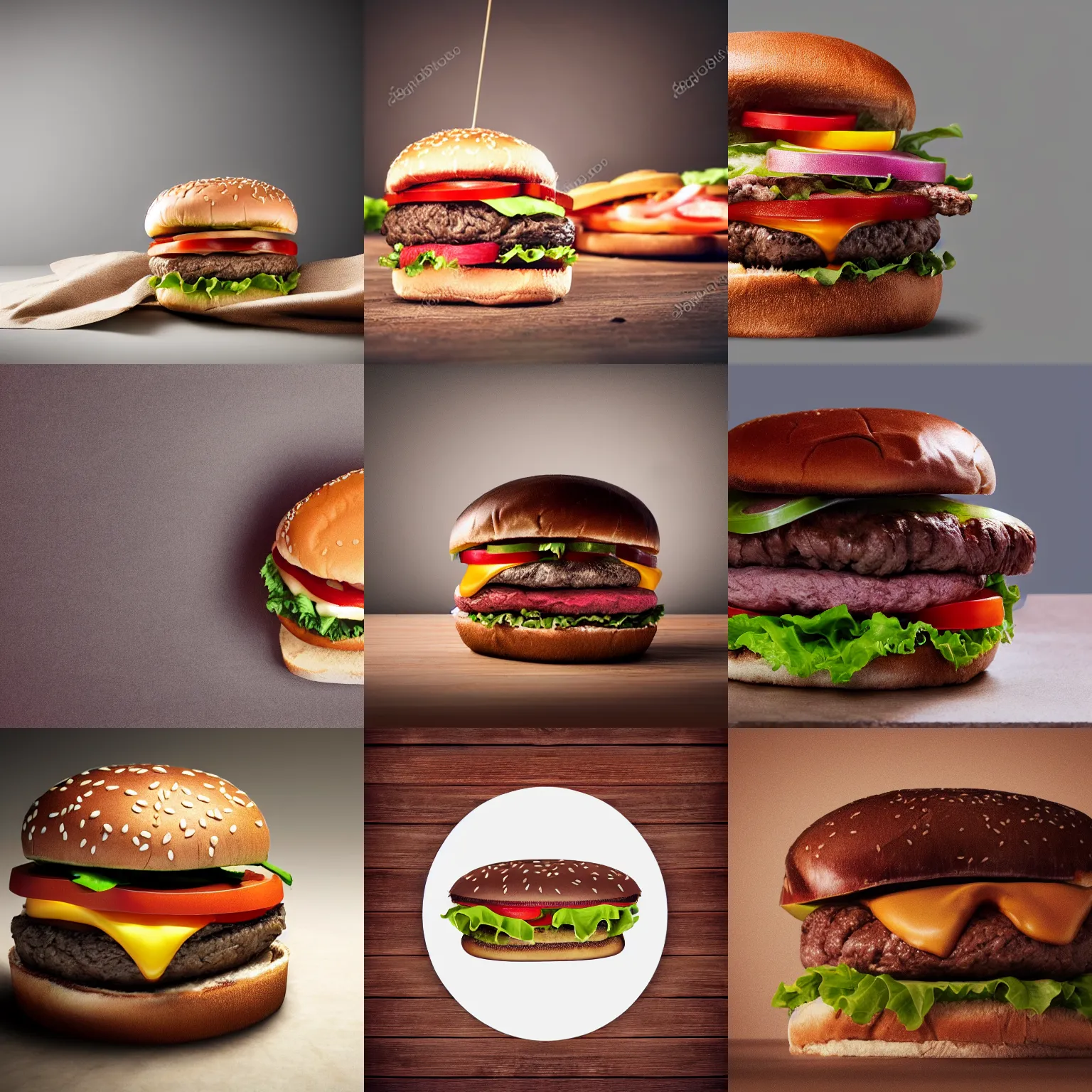 Prompt: a brown calf animal on a hamburger, photorealistic, studio lighting