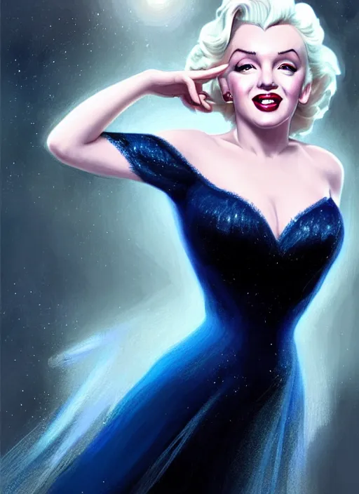 Prompt: Marilyn Monroe with Dark Blue Hair as Elsa from Frozen, western, D&D, fantasy, intricate, elegant, highly detailed, digital painting, artstation, concept art, matte, sharp focus, illustration, art by Artgerm and Greg Rutkowski and Alphonse Mucha, masterpiece, stunning, artstation