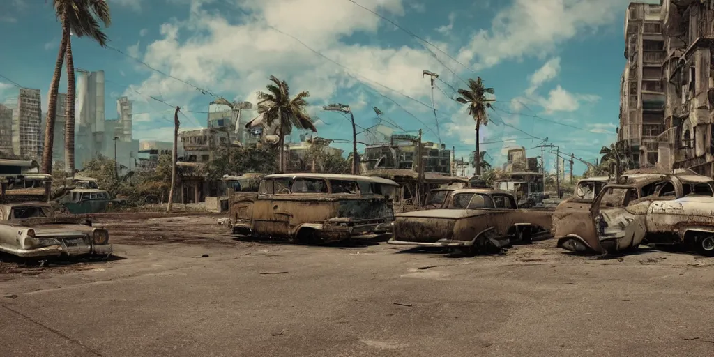 Image similar to wide angle shot of dilapidated fallout 5 tropical coastal city in real life, desolate, dilapidated, empty streets, some rusted retro futuristic vintage styled parked vehicles like cars, buses, trucks, trams, sunny weather, few clouds, volumetric lighting, photorealistic, daytime, spring, sharp focus, ultra detailed, technicolour 1