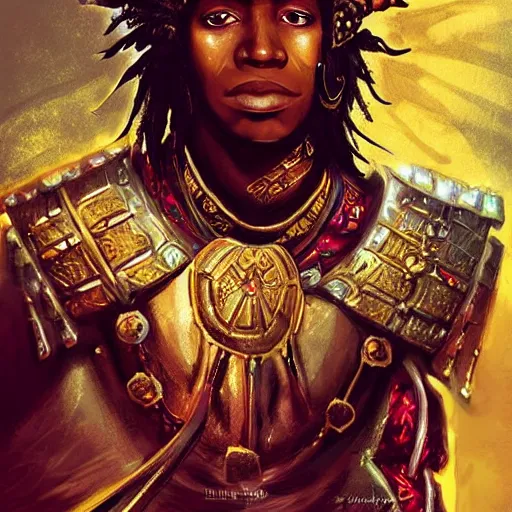 Prompt: a young black boy dressed like an african moorish warrior in gold armor and a crown with a ruby, and a very ornate glowing electric spear!!!, for honor character digital illustration portrait design, by android jones in a psychedelic fantasy style, dramatic lighting, hero pose, wide angle dynamic portrait