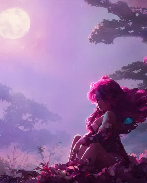 Prompt: a highly detailed image of A beautiful woman basking in the moonlight, with medium length magenta hair, and a tall tree, and large obsidian crystals, cinematic lighting, dramatic atmosphere, by Dustin Nguyen, Akihiko Yoshida, Greg Tocchini, Greg Rutkowski, Cliff Chiang, 4k resolution, trending on artstation