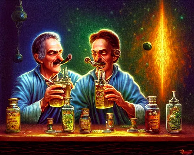 Image similar to A richly detailed fantasy digital art of an ancient vintage apothecary magic arcane nebula healing elixir potion bottle trading card an esoteric blender render by Bob Eggleton, two jolly wizards enthusiastically drinking and imbibing magic potions