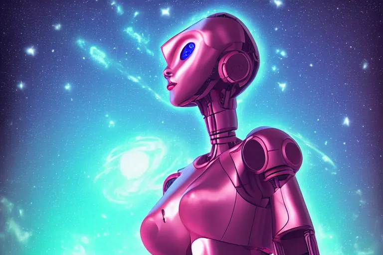 Prompt: a beautiful calm robot girl looking up at the galaxy, digital art, synthwave,