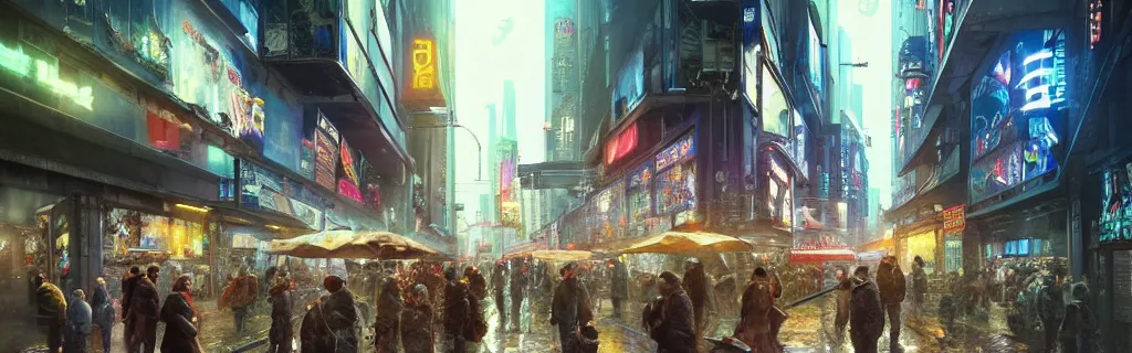 Image similar to a busy cyberpunk street marketplace with a heavy police presence. night, raining, 8 k, epic cinematic hyperrealism masterpiece. realistic poster with shaded lighting by craig mallismo, artgerm, jeremy lipkin and michael garmash, unreal engine, radiant light, detailed and complex environment, digital art, art station trends, detailed, lens flare, motion blur