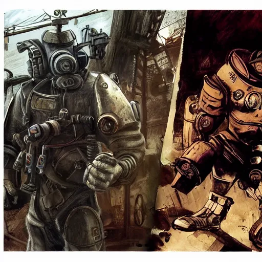 Prompt: fallout 5, concept art drawings of the opening scene, storyboard, concept art, comic style, female protagonist and feline companion, both wearing some kind of body armour, atmospheric lighting, painted, intricate, volumetric lighting, beautiful, gritty, rich deep colours masterpiece, sharp focus, ultra detailed by jack kirby, ignacio fernandez rios, thierry doizon