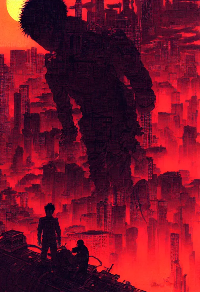 Image similar to tetsuo over neo - tokyo, silhouetted by a red sun | anime, matte painting, dystopian megacity neo - tokyo akira, shaded perfect, fine details. realistic shaded lighting anime manga artwork by katsuhiro otomo, akira, artgerm, jeremy lipkin and michael garmash and rob rey