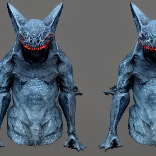 Image similar to front and back character view of scary giant mutant dark blue humanoid bat, glowing red eyes flying above a stormy ocean, sharp teeth, acid leaking from mouth, realistic, giant, bat ears, bat nose, bat claws, bat wings, furred, covered in soft fur, detailed, trending on artstation clean concept art and sheet that using unreal engine 5 render and hyper detailed 3D texture with cinematic software light 85mm f/1.4