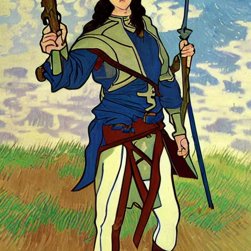 Prompt: painting of young handsome beautiful paladin elf!! man with long! wavy dark hair and blue eyes in his 2 0 s named taehyung minjun james fighting goblins, pale, wearing armor!, gorgeous hair, elf ears, icy eyes, elegant, cute, delicate, soft facial features, art by alphonse mucha, vincent van gogh, egon schiele,