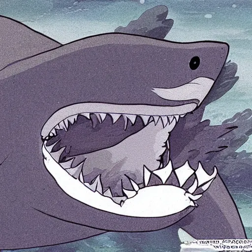 Image similar to shark with bird wings breaching water surface to eat surprised pancake person, cartoon, studio ghibli, manga, anime