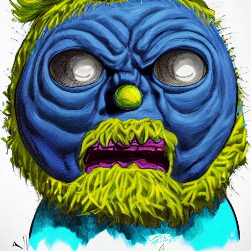 Image similar to a tennis ball monster wearing a scottish kilt, big mustache, scotland blue, digital art, fantasy, magic, chalk, trending on artstation, ultra detailed, professional illustration by basil gogos