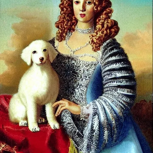 Prompt: portrait of a white poodle as an italian queen, painting by rafael