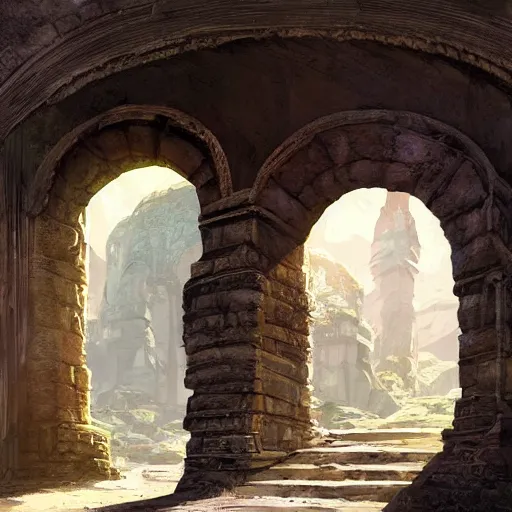 Image similar to concept art painting of an ancient ornate stone archway that is a portal to another world, inside the arch is a magical portal to another dimension, in the woods, realistic, detailed, cel shaded, in the style of makoto shinkai and greg rutkowski and james gurney