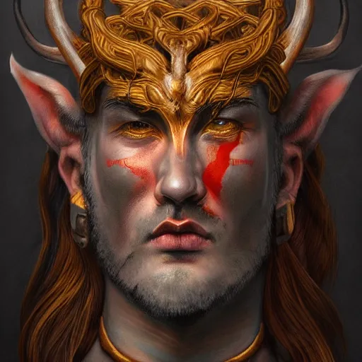 Image similar to Dramatic portraiture of Uuen, the Pictish god of stags, mixed media, trending on ArtStation, by Jim Valentino and ArtGerm and Lucian Freud, luminism