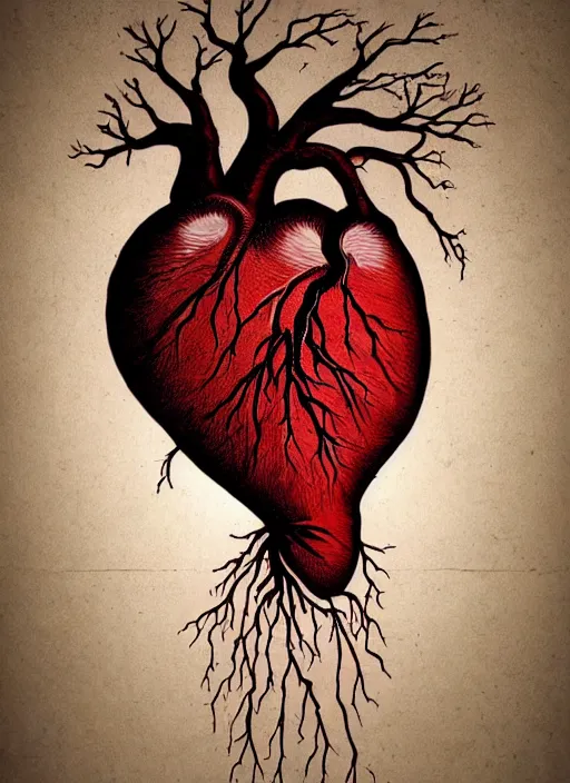 Image similar to dripping anatomical human heart with roots growing above it, sadness, dark ambiance, concept by godfrey blow, graffiti by banksy, featured on deviantart, sots art, lyco art, artwork, photoillustration, poster art, black and red