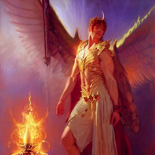 Image similar to attractive male lucifer morning star casting a spell summoning male demons, they rise from down bellow. highly detailed painting by gaston bussiere, craig mullins, j. c. leyendecker, 8 k