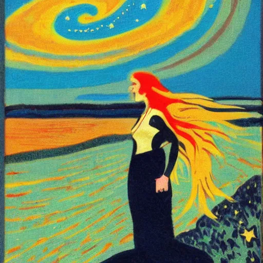 Image similar to spaceghost coast to coast by robert antoine pinchon. a beautiful print of a woman with long flowing hair, wild animals, & a dark, starry night sky.