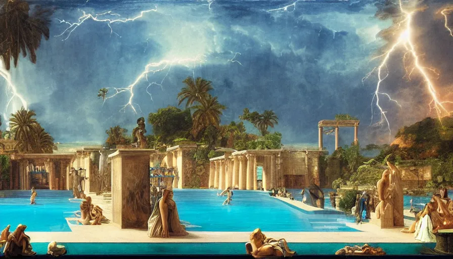 Image similar to A pool inside the giant Palace, mediterranean balustrade and columns, refracted lines and sparkles, thunderstorm, greek pool, beach and Tropical vegetation on the background major arcana sky and occult symbols, by paul delaroche, hyperrealistic 4k uhd, award-winning, very detailed paradise