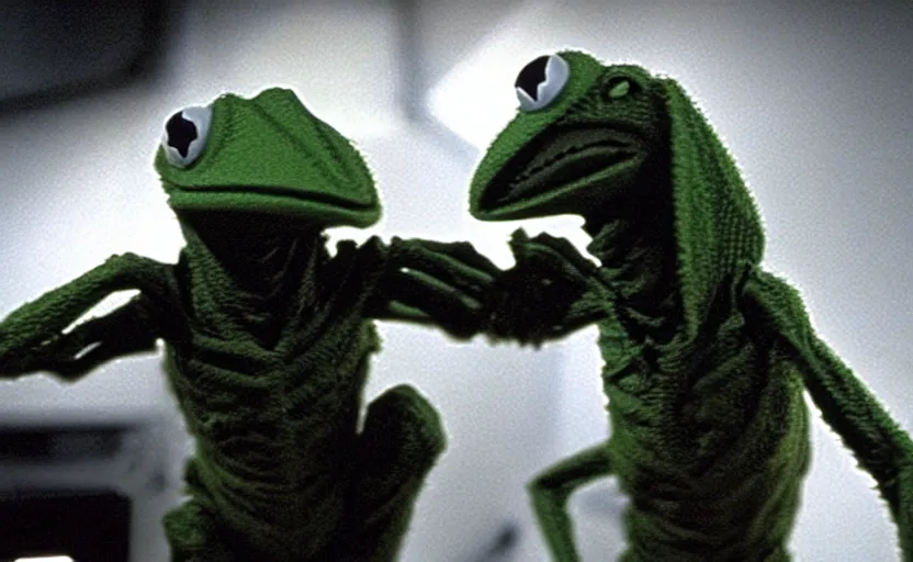 Prompt: the scene from aliens where kermit the frog vfx film