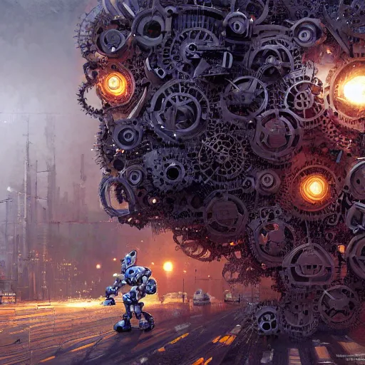 Image similar to robot made of gears, intricate, elegant, volumetric lighting, scenery, digital painting, highly detailed, artstation, sharp focus, illustration, concept art, luis rollo, mario feng, john berkey