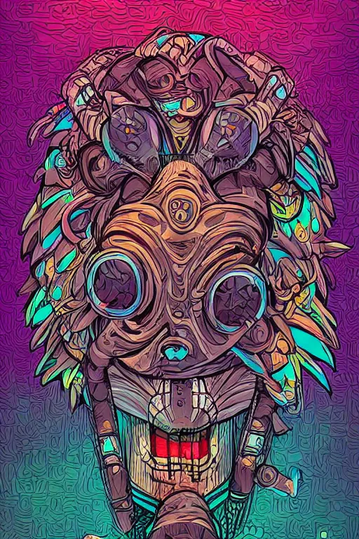 Image similar to totem animal mask tribal feather gemstone plant wood rock shaman vodoo video game vector illustration vivid multicolor borderlands comics by josan gonzales and dan mumford radiating a glowing aura