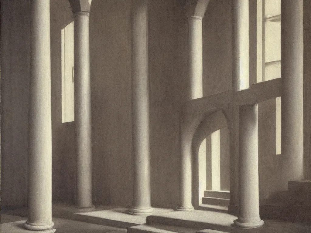 Prompt: Interior of a house with strange stairs, marble columns, arches, Brancusi sculptures. Afternoon light. Painting by Vilhelm Hammershoi, Escher