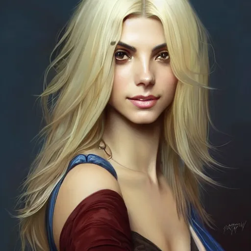 Image similar to A combination of Victoria Justice's and Ashley Greene's faces with blonde hair, western, D&D, fantasy, intricate, elegant, highly detailed, digital painting, artstation, concept art, matte, sharp focus, illustration, art by Artgerm and Greg Rutkowski and Alphonse Mucha
