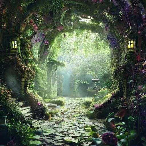 Image similar to mystical and beautiful secret garden, hyperrealistic photograph, dim volumetric lighting, 8 k, octane beautifully detailed render, extremely hyper detailed, intricate, epic composition, cinematic lighting, masterpiece, trending on artstation, very very detailed, stunning, hdr, smooth, sharp focus, high resolution, award, winning photo, dslr, 5 0 mm